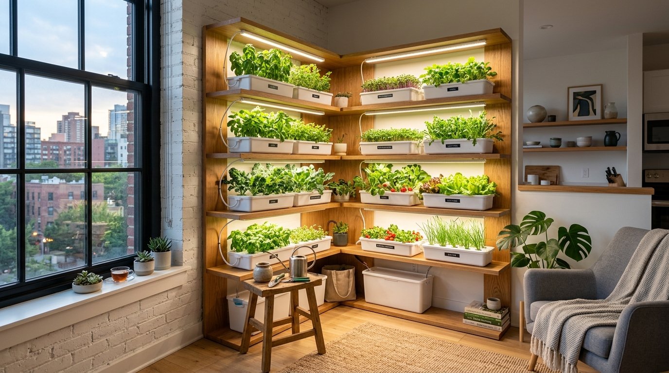 Compact indoor hydroponic garden in an apartment setting