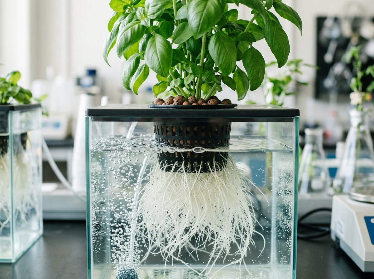 Healthy hydroponic roots in an oxygenated reservoir
