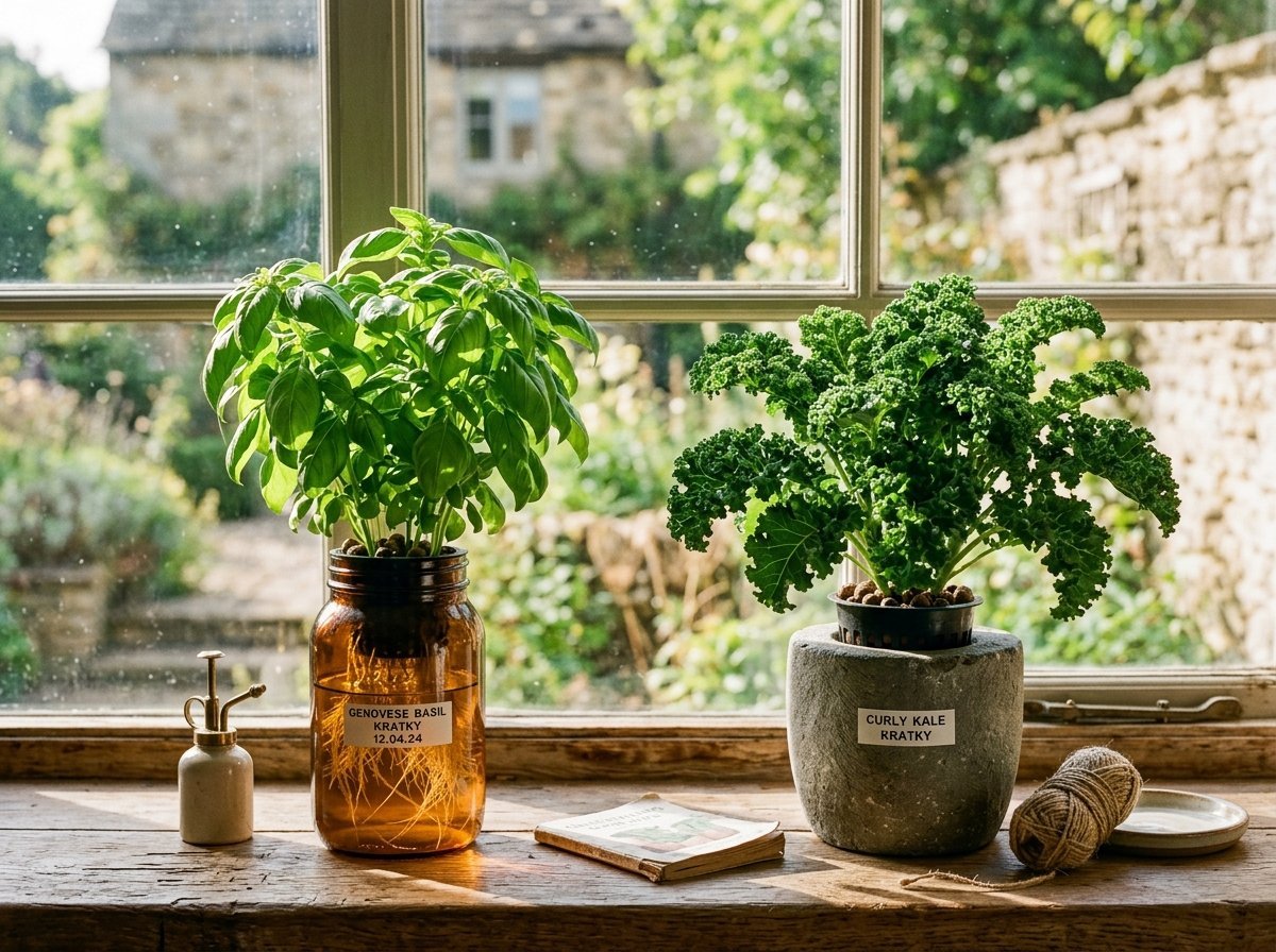 Herbs growing beside a bright indoor window in a Kratky setup