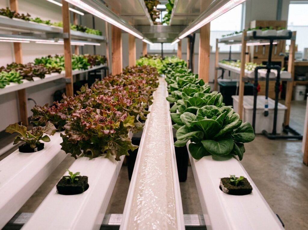 Lettuce growing in NFT hydroponic channels