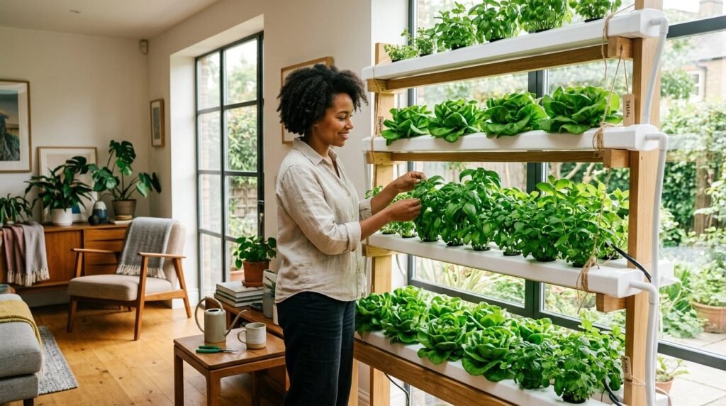 Real indoor hydroponic garden with leafy greens under grow lights